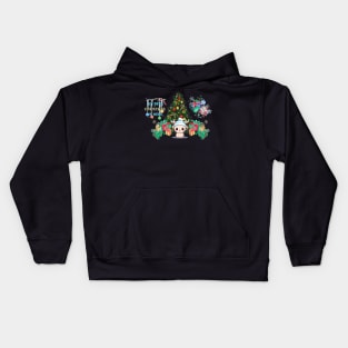Reindeer sitting in front of the Christmas tree surrounded by presents Kids Hoodie